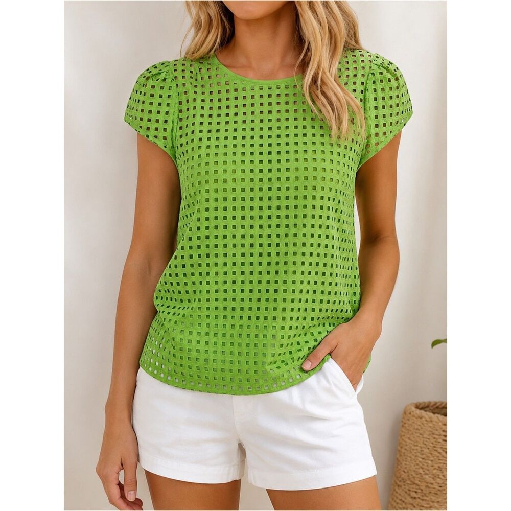Vineyard Vines Cotton Eyelet Lace Puff Sleeve Blouse Lime Green Women’s Size 2